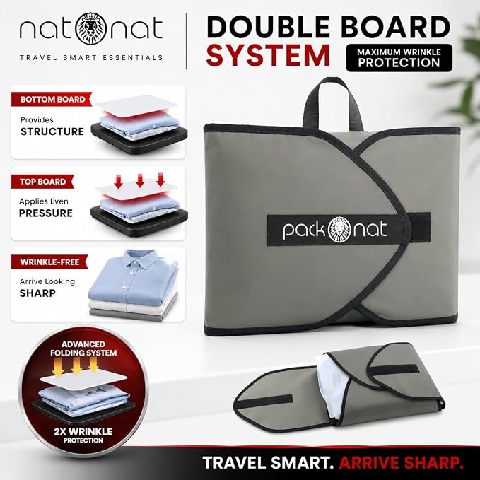 natOnat PackOnat Garment Folder for Travel – Wrinkle-Free Suit & Shirt Organizer with Folding Board – Slim Packing System Keeps Clothes Flat in Luggage – Water-Resistant Durable Protector (Gray)